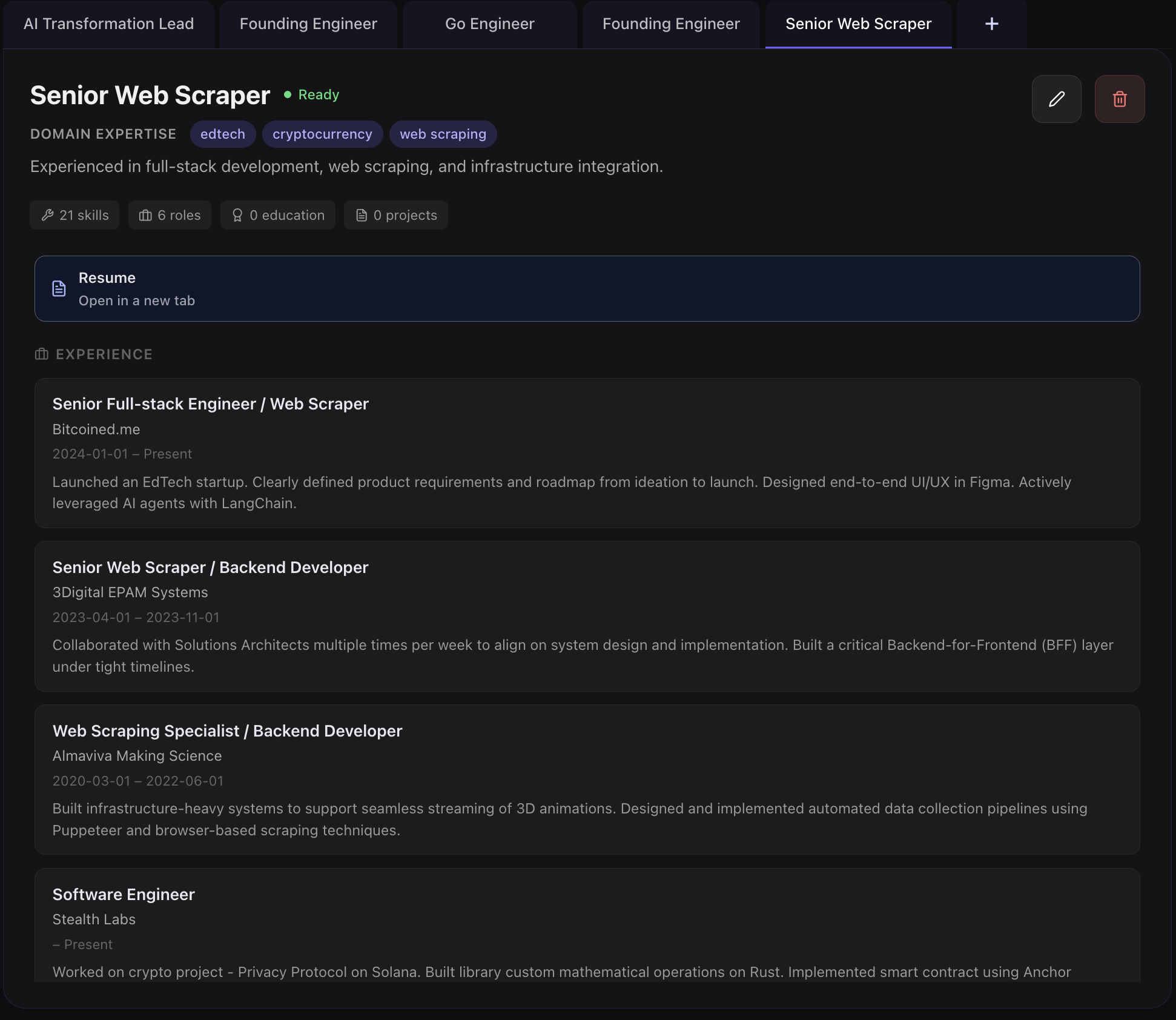Lekvy candidate profiles view