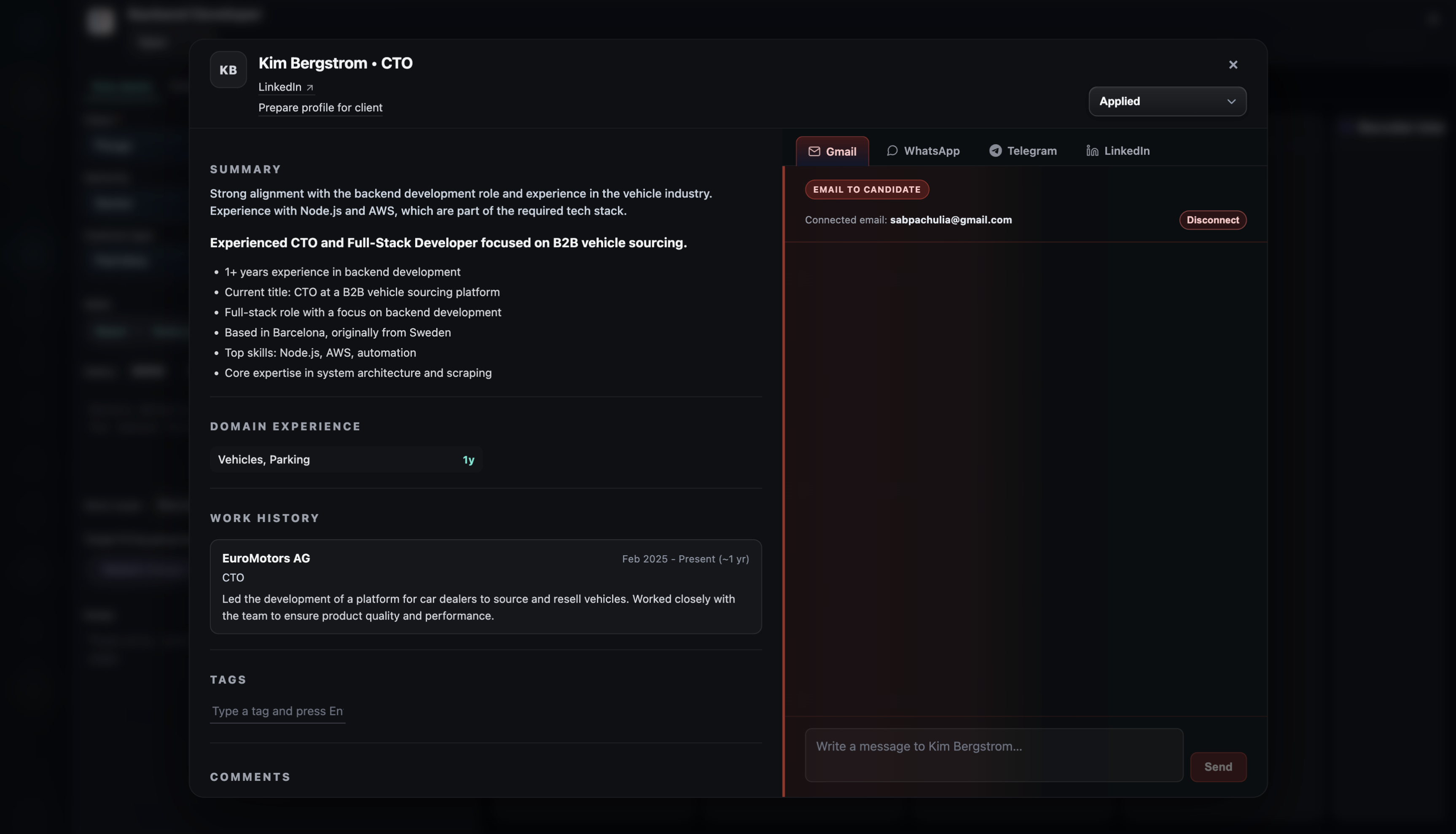 Lekvy candidate profile showing summary, domain experience, work history, tags, and communication tabs
