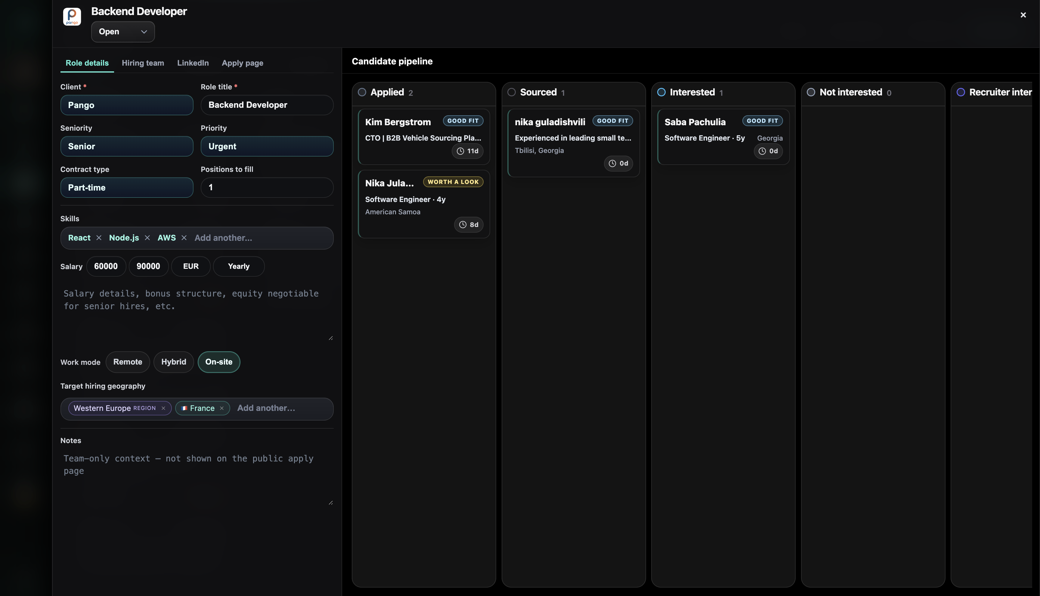 Lekvy role workspace showing role details and a candidate pipeline with applied, sourced, interested, and interview stages